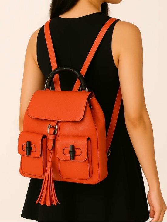 Gucci Vibrant Orange Leather Bamboo Backpack. P0221 main image 9